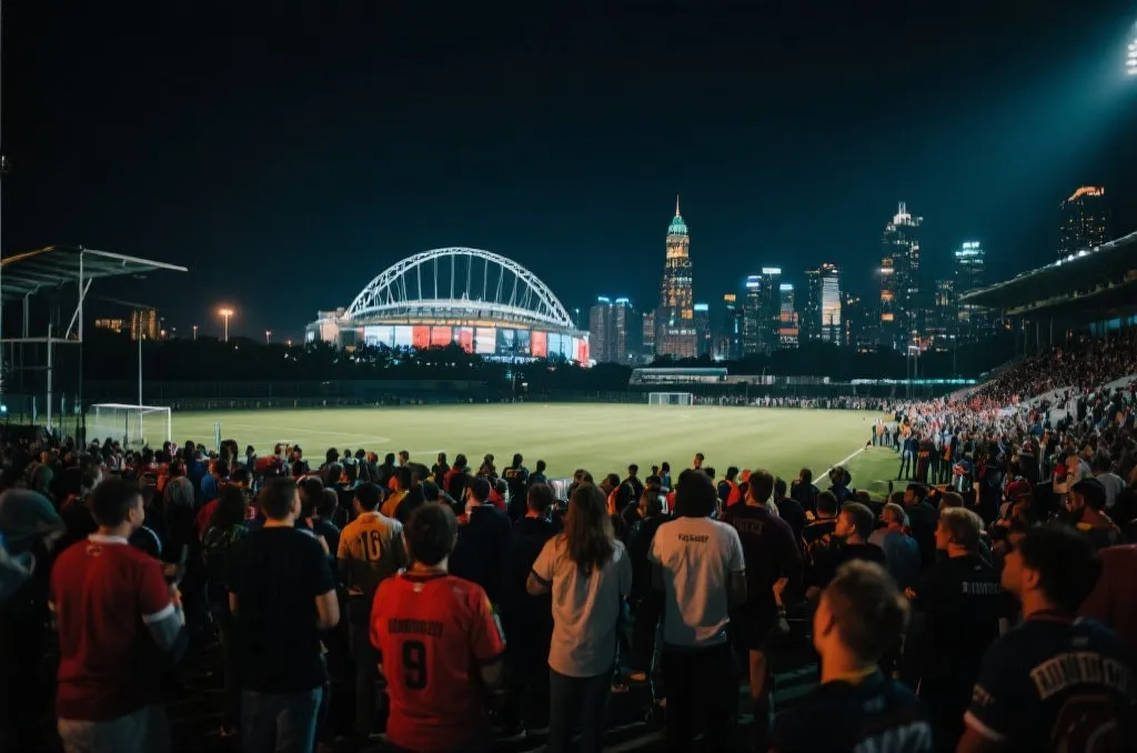夜晚球场外的球迷人群与城市灯光，充满期待感