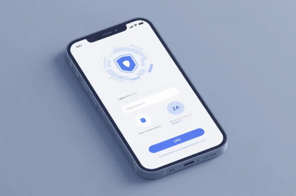 A clean digital interface on a mobile screen showing a secure login screen with two-factor authentication (2FA) verification code prompt, modern tech design.